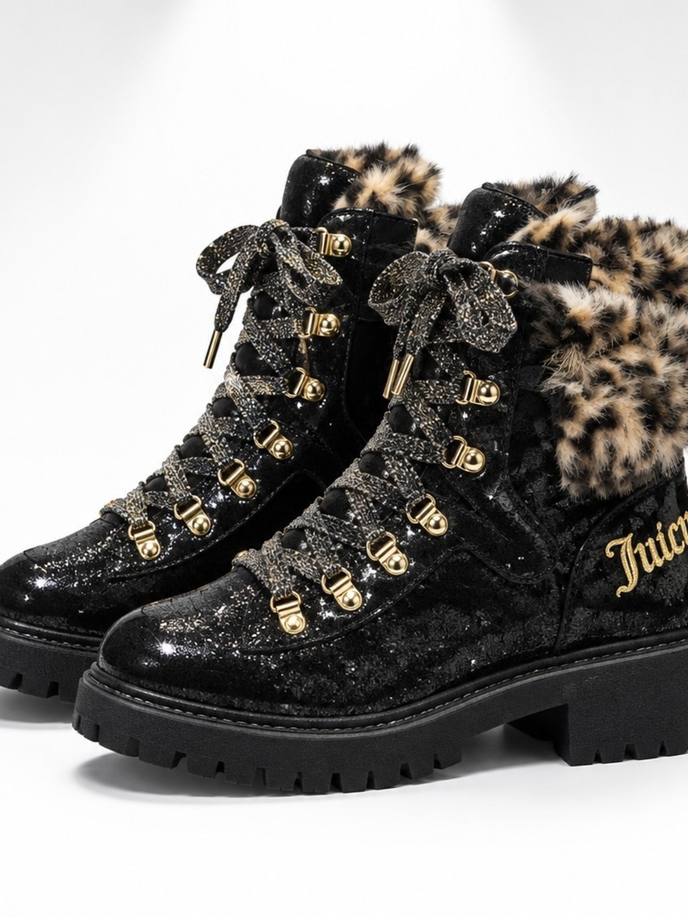 Juicy Couture Black Lace-Up Boots with Leopard Faux-Fur Collar SZ 8.5 NWPT